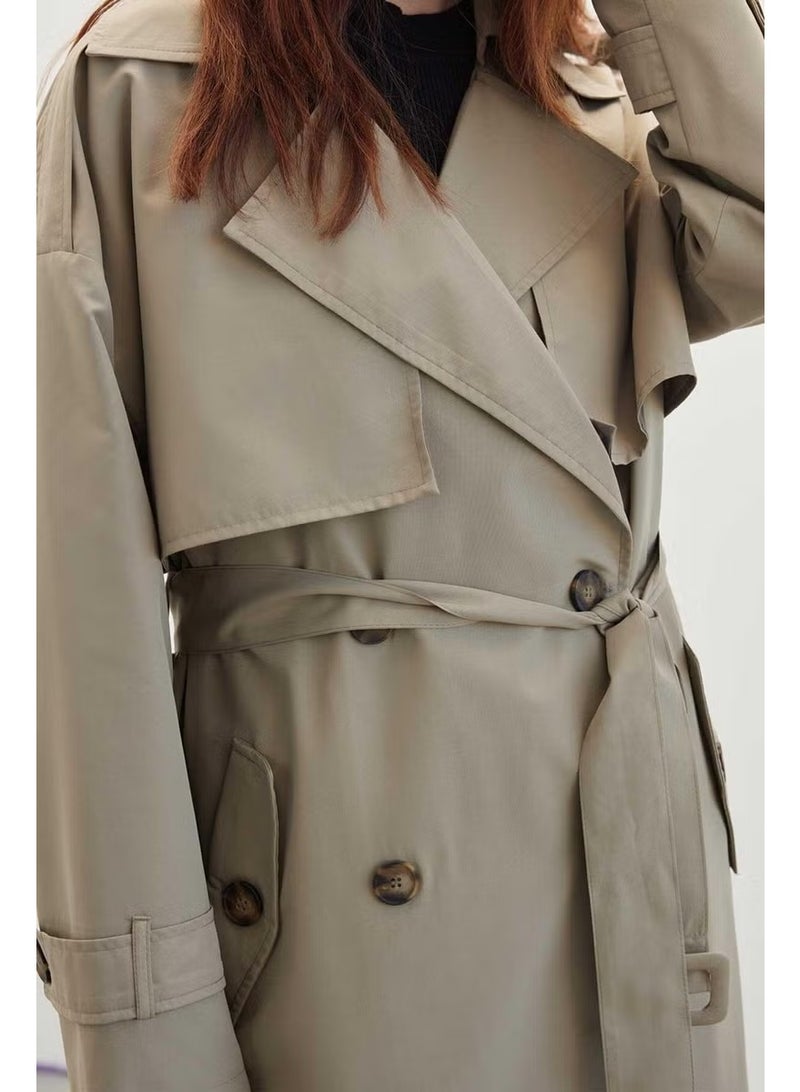 Manuka Buttoned Double Breasted Trench Coat Sand - Image 3